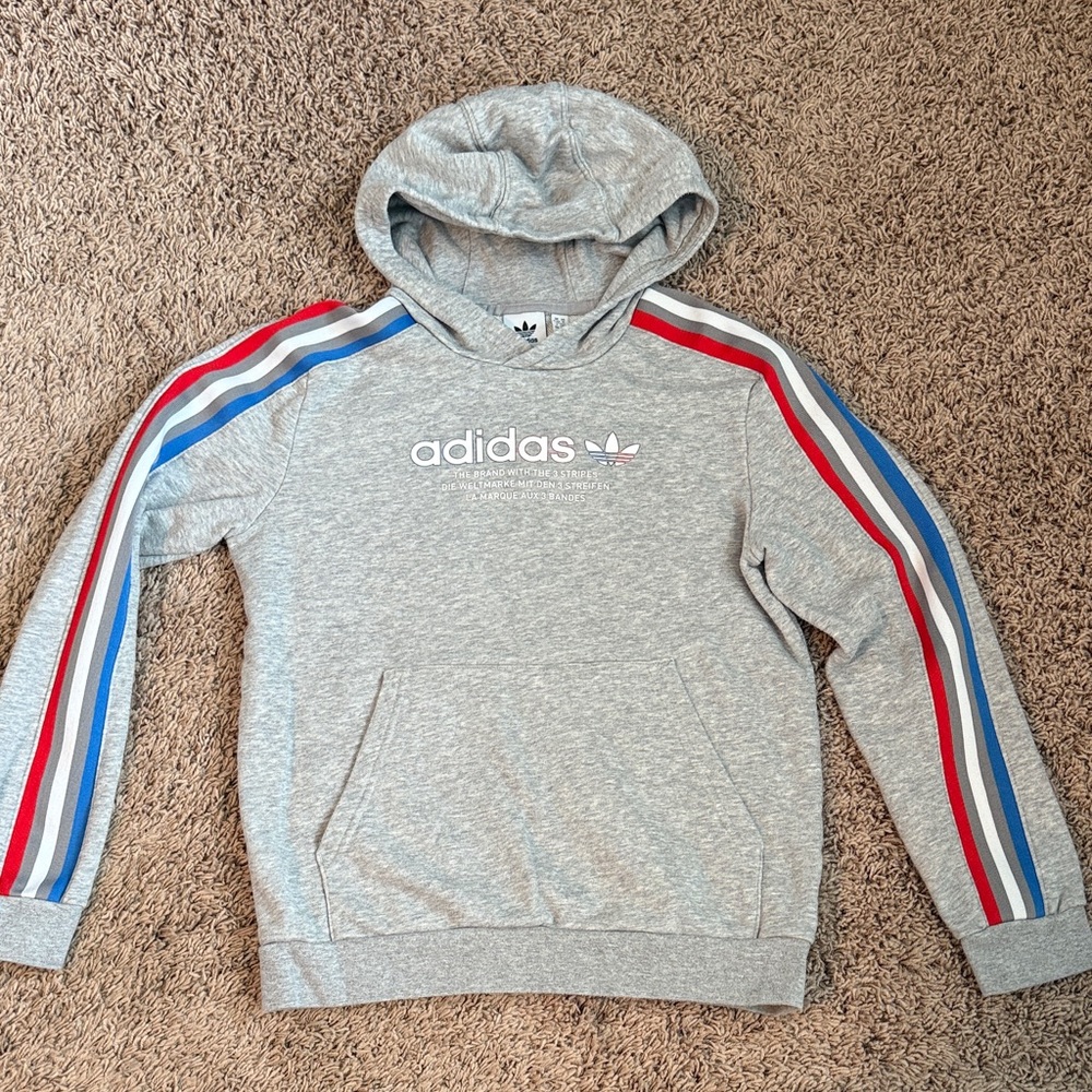 Adidas Men's Gray Hoodie with Red and Blue Accents